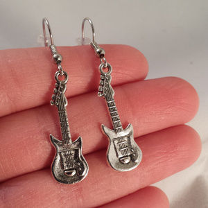 Silver Electric Guitar Dangle Earrings Hypoallergenic Hooks